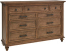 PLEASANT HOME COLLECTION HENSLEY GROUP. BED, 9 DRAWER CHESSER, 5 DRAWER CHEST, 3 DRAWER NIGHTSTAND